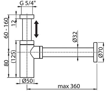 RAVAK designový sifon k umyvadlu DN32, s převlečnou maticí 5/4, chrom X01371 Technický nákres