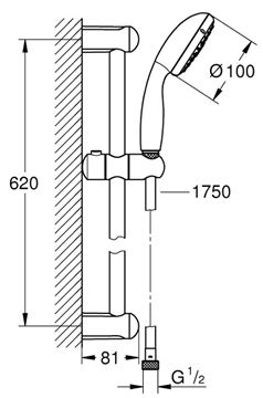GROHE NEW TEMPESTA 100 sprchová souprava 3-dílná, ruční sprcha pr. 100 mm, 3 proudy, tyč a hadice, chrom 27794001 Technický nákres
