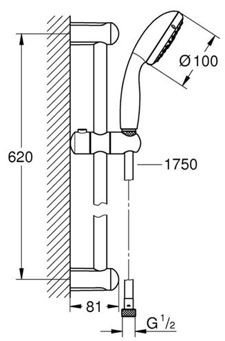 GROHE NEW TEMPESTA 100 sprchová souprava 3-dílná, ruční sprcha pr. 100 mm, 3 proudy, tyč a hadice, chrom 27794001 Technický nákres