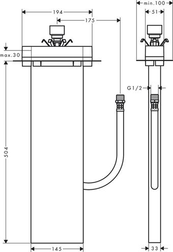 HANSGROHE SBOX základní těleso pro montáž na okraj vany nebo na sokl 13560180 Technický nákres