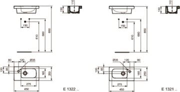 IDEAL STANDARD CONNECT SPACE umývátko 45 cm, s otvorem pro baterii vlevo, bez přepadu E132101 Technický nákres