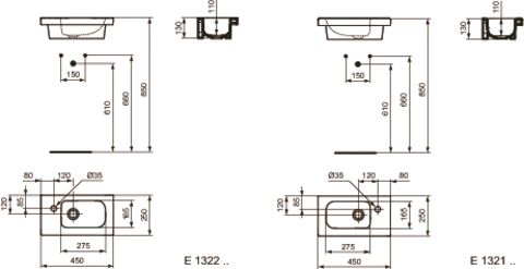IDEAL STANDARD CONNECT SPACE umývátko 45 cm, s otvorem pro baterii vlevo, bez přepadu E132101 Technický nákres