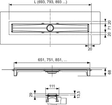 CONCEPT 200 EVO sprchový žlab 700 mm, do prostoru, bez odtoku, bez roštu, plast/nerez ocel 606301 Technický nákres