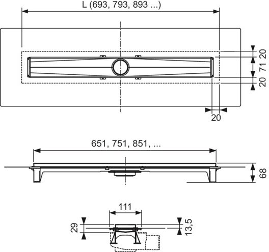 CONCEPT 200 EVO sprchový žlab 700 mm, do prostoru, bez odtoku, bez roštu, plast/nerez ocel 606301 Technický nákres