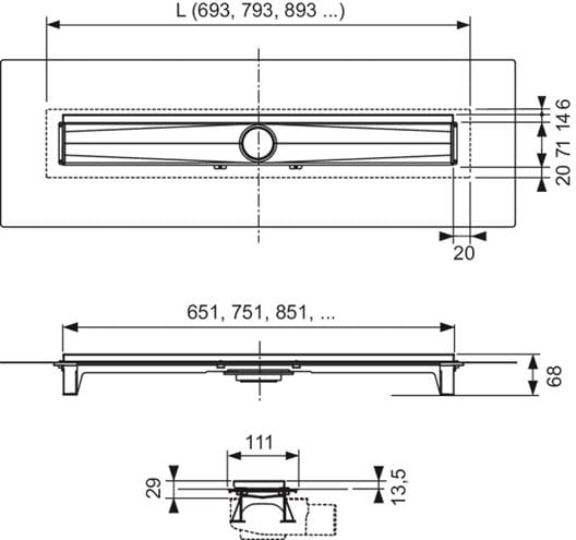 CONCEPT 200 EVO sprchový žlab 700 mm, ke stěně, bez odtoku, bez roštu, plast/nerez ocel 606302 Technický nákres