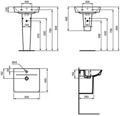IDEAL STANDARD CONNECT AIR umyvadlo 50 cm, s otvorem pro baterii a přepadem E030101 Technický nákres