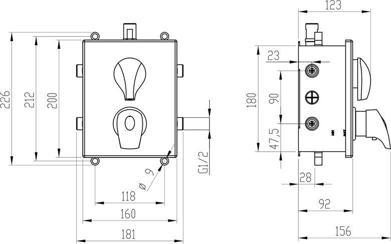 NOVASERVIS METALIA 57 vanová podomítková termostatická baterie, pro 3 spotřebiče, s tělesem, chrom BOX57052RXT,0 Technický nákres
