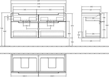 VILLEROY & BOCH SUBWAY 2.0 skříňka pod dvojumyvadlo 128,7x44,9x59 cm, 4 zásuvky, Glossy White A91710DH Technický nákres
