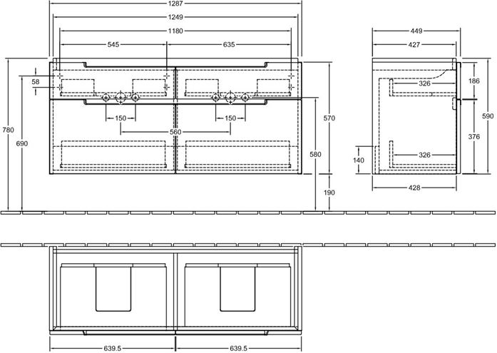 VILLEROY & BOCH SUBWAY 2.0 skříňka pod dvojumyvadlo 128,7x44,9x59 cm, 4 zásuvky, Glossy White A91710DH Technický nákres