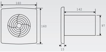 ZEHNDER SILENT BASIC axiální ventilátor 100 mm, nástěnný/stropní, se zpětnou klapkou, bez předního panelu ZSR100B Technický nákres