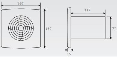 ZEHNDER SILENT BASIC axiální ventilátor 100 mm, nástěnný/stropní, se zpětnou klapkou, bez předního panelu ZSR100B Technický nákres