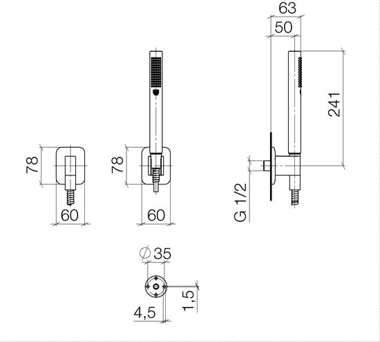 DORNBRACHT LISSÉ sprchová souprava 3-dílná, ruční sprcha 241 mm, hadice, držák, chrom 27 802 845-00 Technický nákres