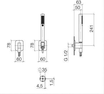 DORNBRACHT LISSÉ sprchová souprava 3-dílná, ruční sprcha 241 mm, hadice, držák, chrom 27 802 845-00 Technický nákres