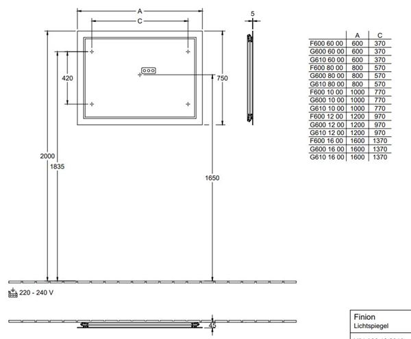 VILLEROY & BOCH FINION zrcadlo 80x75 cm, s osvětlením, s regulací teploty světla F6008000 Technický nákres