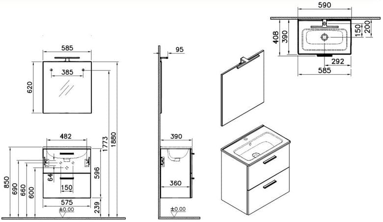 EASY PLUS skříňka s umyvadlem 59x39x61 cm, 2 zásuvky, se zrcadlem a s osvětlením, bílá 75021 Technický nákres