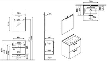 EASY PLUS skříňka s umyvadlem 59x39x61 cm, 2 zásuvky, se zrcadlem a s osvětlením, bílá 75021 Technický nákres