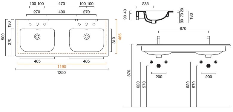 CONCEPT S dvojumyvadlo 125 cm, s přepadem, Cataglaze 0721270001 Technický nákres