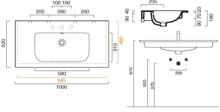 CONCEPT S umyvadlo 100 cm, bez otvoru pro baterii, s přepadem, Cataglaze 0721010001 Technický nákres