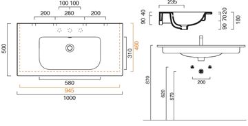 CONCEPT S umyvadlo 100 cm, bez otvoru pro baterii, s přepadem, Cataglaze 0721010001 Technický nákres