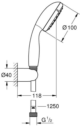 GROHE NEW TEMPESTA 100 sprchová souprava 3-dílná, ruční sprcha pr. 100 mm, 2 proudy, hadice, držák, Water Saving, chrom 26164001 Technický nákres