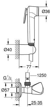 GROHE TEMPESTA-F TRIGGER SPRAY 30 bidetová nástěnná baterie pro jednu vodu, se sprškou, chrom 27514001 Technický nákres