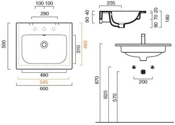 CONCEPT S umyvadlo 60 cm, bez otvoru pro baterii, s přepadem, Cataglaze 0720610001 Technický nákres