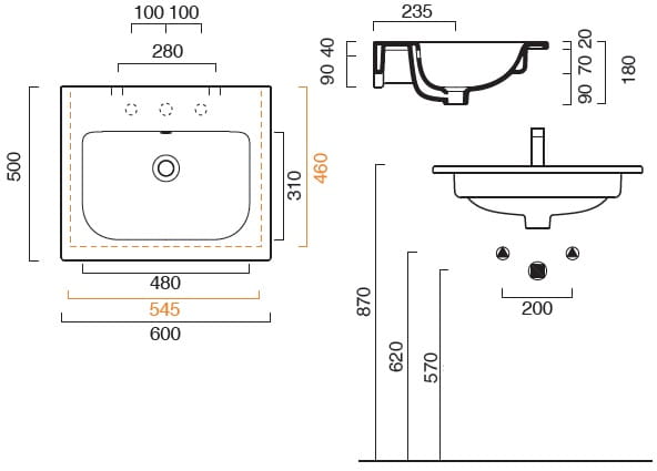 CONCEPT S umyvadlo 60 cm, bez otvoru pro baterii, s přepadem, Cataglaze 0720610001 Technický nákres