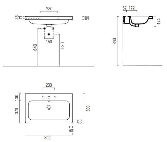 CONCEPT 200 umyvadlo 80 cm, s otvorem pro baterii a přepadem 80CO200EXCB Technický nákres