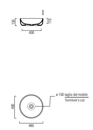 CONCEPT 200 umyvadlo 48 cm, bez přepadu 48ACO200EXCB Technický nákres