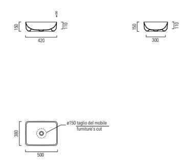 CONCEPT 200 umyvadlo na desku 50 cm, bez otvoru pro baterii, bez přepadu 50ACO200EXCB Technický nákres