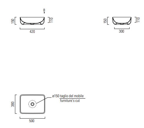 CONCEPT 200 umyvadlo na desku 50 cm, bez otvoru pro baterii, bez přepadu 50ACO200EXCB Technický nákres