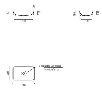 CONCEPT 200 umyvadlo 60 cm, bez otvoru pro baterii, bez přepadu 60ACO200EXCB Technický nákres