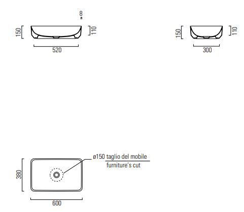 CONCEPT 200 umyvadlo 60 cm, bez otvoru pro baterii, bez přepadu 60ACO200EXCB Technický nákres