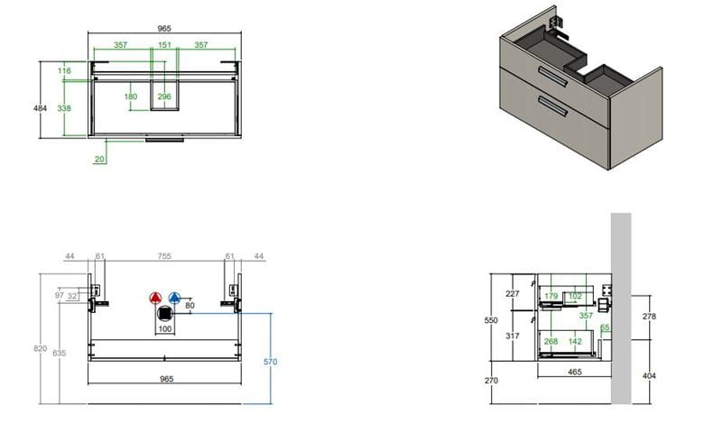 CONCEPT 200/300 skříňka pod umyvadlo 96,5x48,4x55 cm, 2 zásuvky, lesklá bílá WU100CO2001100 Technický nákres