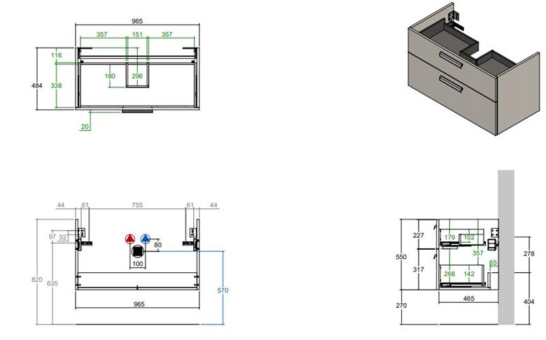 CONCEPT 200/300 skříňka pod umyvadlo 96,5x48,4x55 cm, 2 zásuvky, přírodní dub WU100CO2001428 Technický nákres