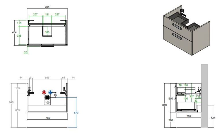 CONCEPT 200/300 skříňka pod umyvadlo 76,5x48,4x55 cm, 2 zásuvky, lesklá bílá WU80CO2001100 Technický nákres
