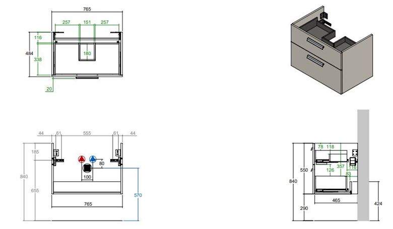 CONCEPT 200/300 skříňka pod umyvadlo 76,5x48,4x55 cm, 2 zásuvky, přírodní dub WU80CO2001428 Technický nákres