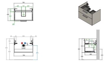 CONCEPT 200/300 skříňka pod umyvadlo 76,5x48,4x55 cm, 2 zásuvky, přírodní dub WU80CO2001428 Technický nákres