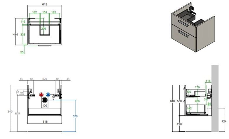 CONCEPT 200 skříňka pod umyvadlo 61,5x48,4x55 cm, 2 zásuvky, přírodní dub WU65CO2001428 Technický nákres