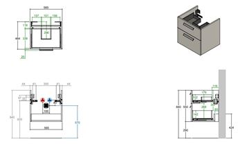 CONCEPT 200/300 skříňka pod umyvadlo 56,5x48,4x55 cm, 2 zásuvky, lesklá bílá WU60CO2001100 Technický nákres