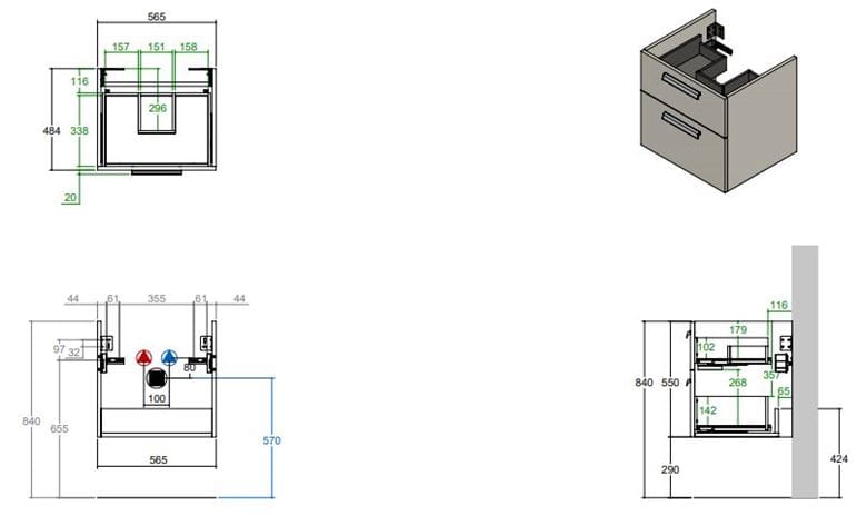 CONCEPT 200/300 skříňka pod umyvadlo 56,5x48,4x55 cm, 2 zásuvky, přírodní dub WU60CO2001428 Technický nákres