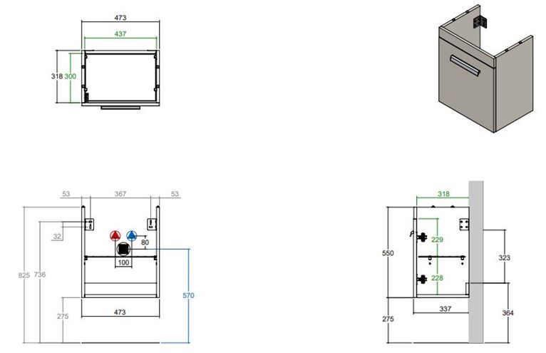 CONCEPT 200 skříňka pod umyvadlo 47,3x33,7x55 cm, 1 dvířka, panty vlevo, přírodní dub WU50CO200S1428 Technický nákres