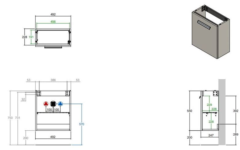 CONCEPT 200 skříňka pod umyvadlo 49,2x24,7x55 cm, 1 dvířka, panty vpravo, přírodní dub WU525CO200D1428 Technický nákres