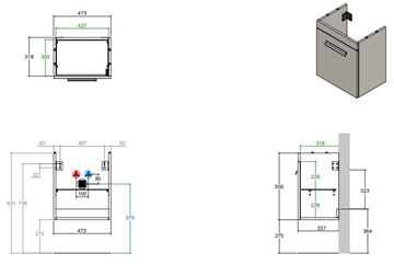 CONCEPT 200 skříňka pod umyvadlo 47,3x33,7x55 cm, 1 dvířka, panty vpravo, lesklá bílá WU50CO200D1100 Technický nákres