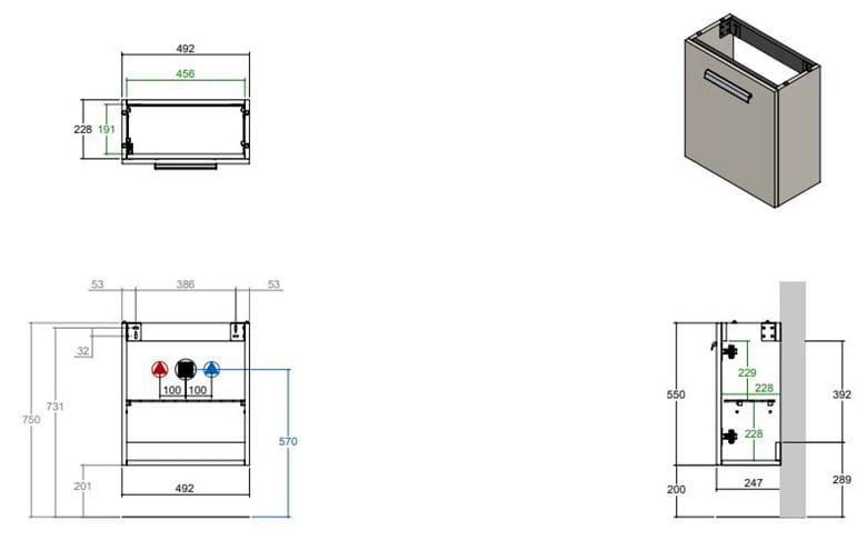 CONCEPT 200 skříňka pod umyvadlo 49,2x24,7x55 cm, 1 dvířka, panty vlevo, přírodní dub WU525CO200S1428 Technický nákres