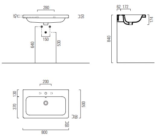 CONCEPT 200 umyvadlo 80 cm, bez otvoru pro baterii, s přepadem, concept clean PLUS 80CO200EXCBOH Technický nákres