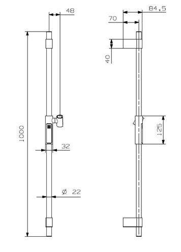 CONCEPT 200 BLACK sprchová tyč 1000 mm s držákem ruční sprchy, černá PM02009/MB Technický nákres