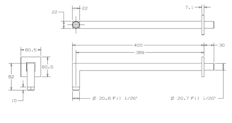 CONCEPT 200 BLACK sprchové rameno 400 mm, nástěnné, matná černá PM10011/MB Technický nákres