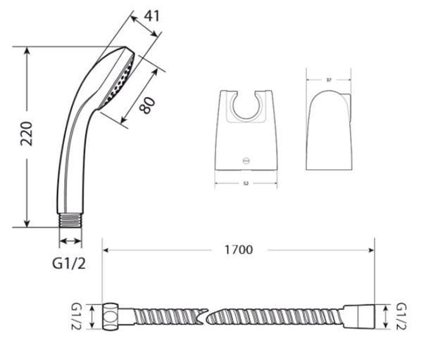 JIKA RIO sprchová souprava 3-dílná, ruční sprcha pr. 100 mm, hadice, držák, chrom/nerez H3651R00041001 Technický nákres