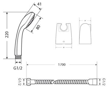 JIKA RIO sprchová souprava 3-dílná, ruční sprcha pr. 100 mm, hadice, držák, chrom/nerez H3651R00041001 Technický nákres